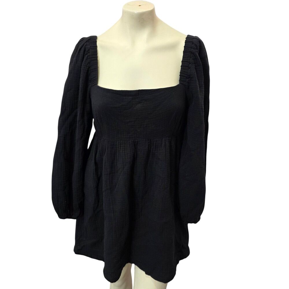 J.Crew Re-Imagined Black Cotton Gauze Babydoll Blouse Puff Sleeve‎ Medium M